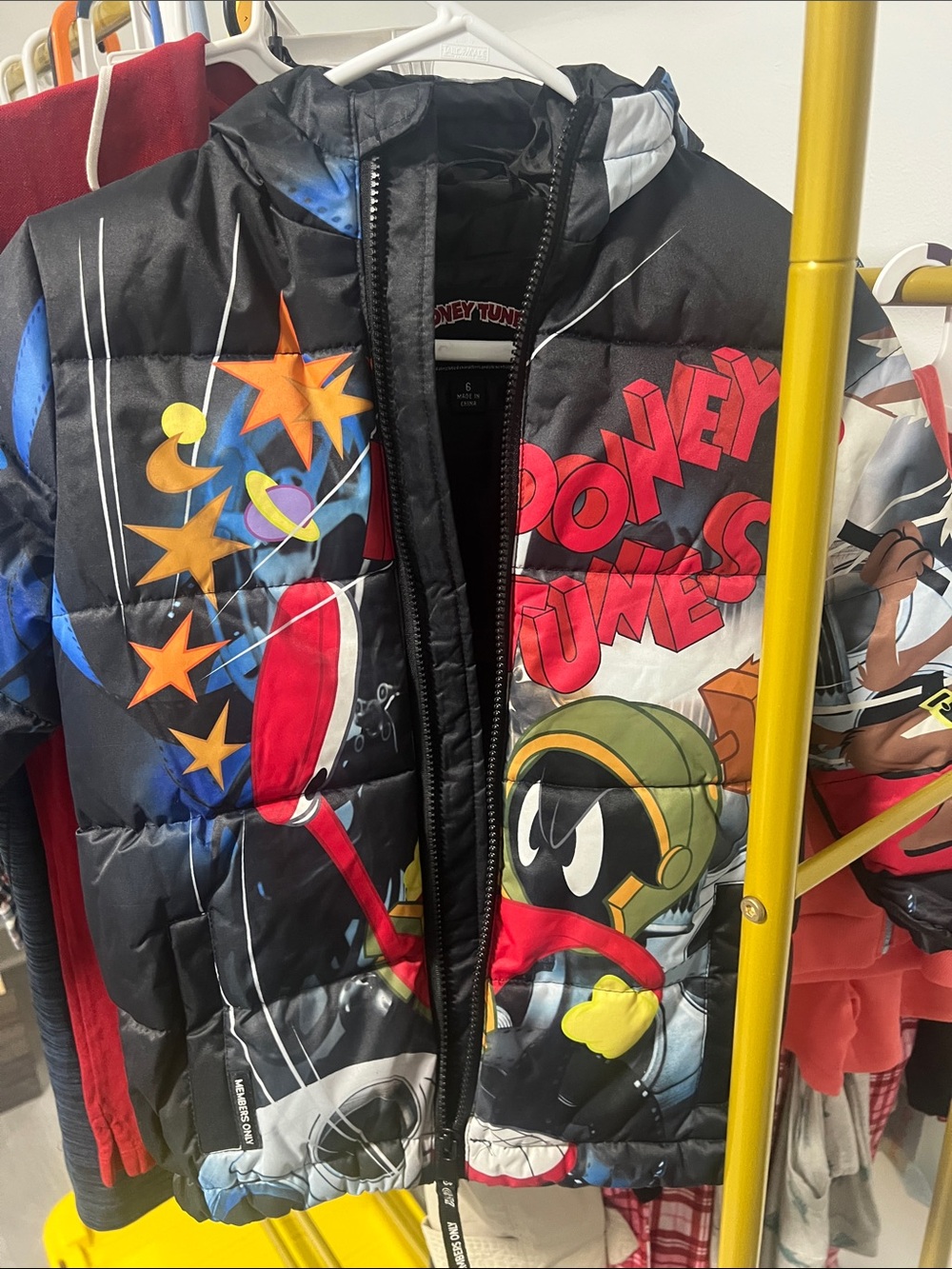 Warner Bros. Black Puffer Jacket with Red & Yellow Looney Tunes Print